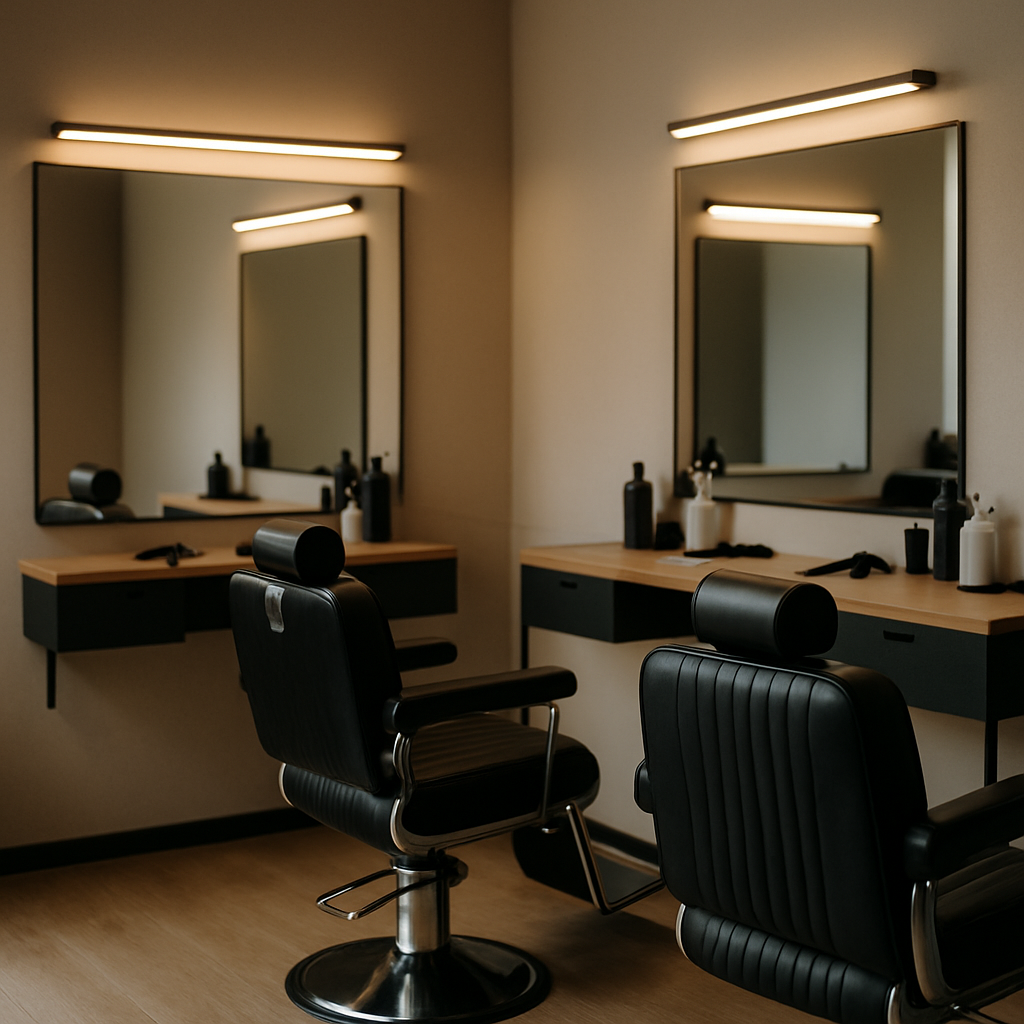 Modern clean interior of Tony's Barber with professional organized stations